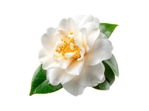 Delicate white camellia blossom with dew drops on black background, Isolated On White, Png, Transparent Background