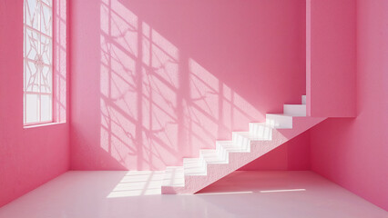 Fototapeta premium Pink room with white staircase and window shadows interior