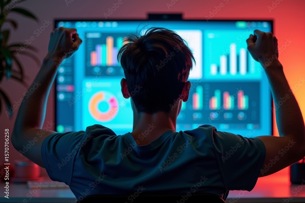 Poster victorious person cheering in front of glowing computer screen