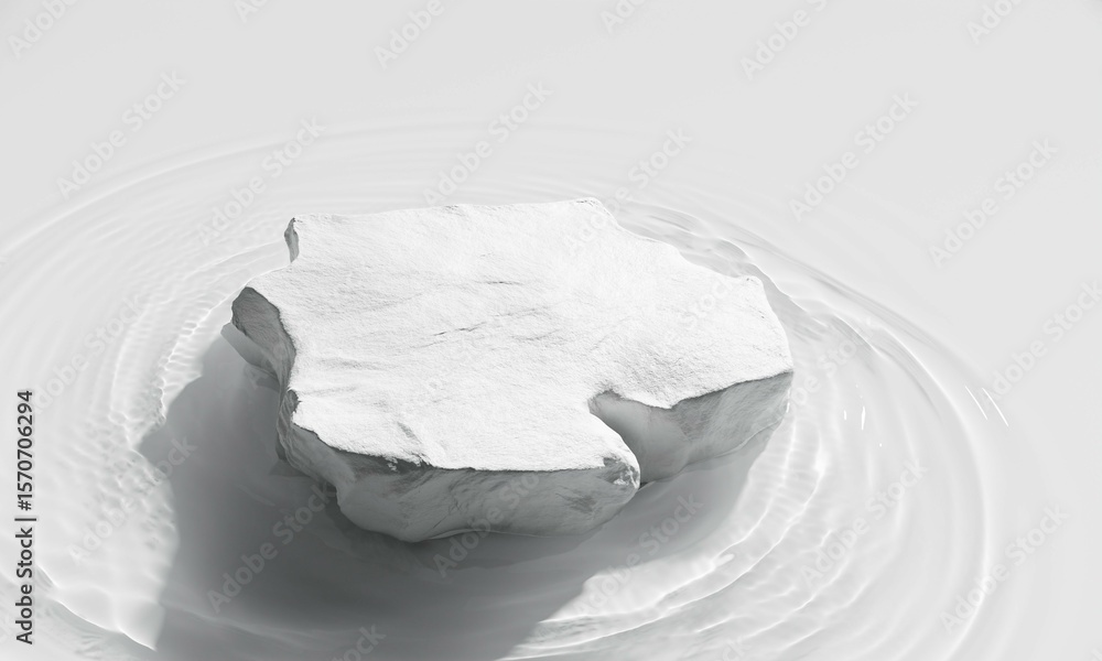 Poster white stone product podium floating on serene water surface with ripples and shadows. 3d rendering