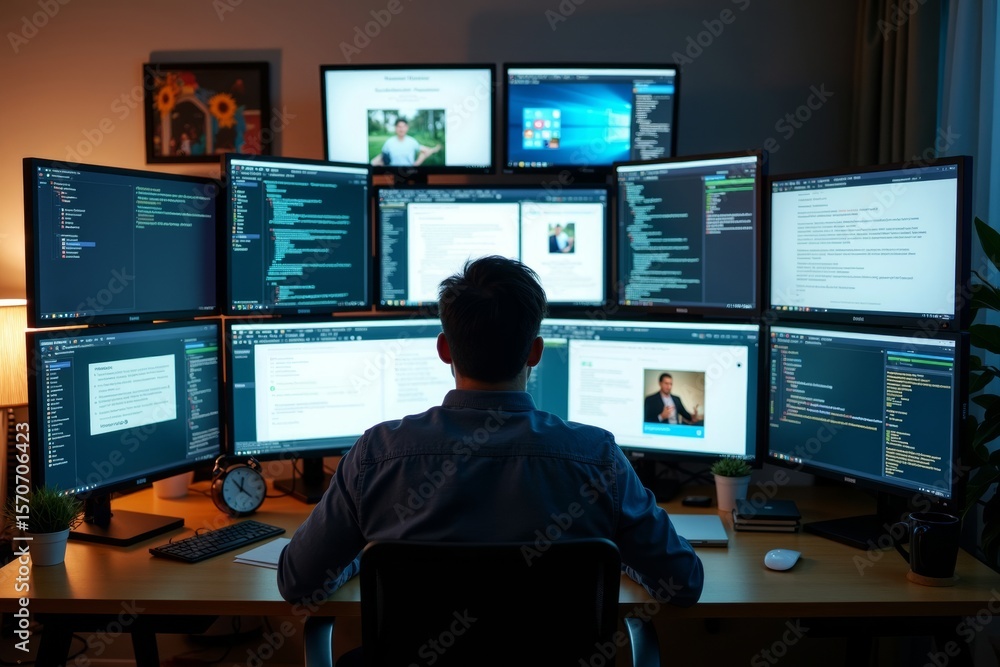 Poster photographic series: capturing individuals at work from their home offices with multiple screens sho