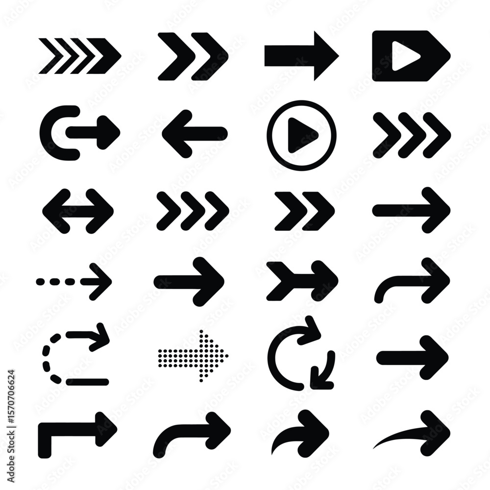 Poster collection of twenty five black arrow icons various styles and directions including straight curved 