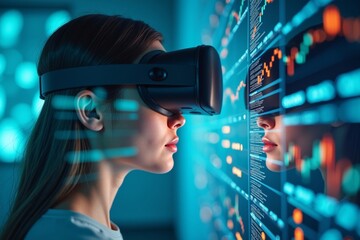 - An Intriguing Fusion: A woman's face blends with a digital screen showing KPI data and virtual reality interaction with a 3D model