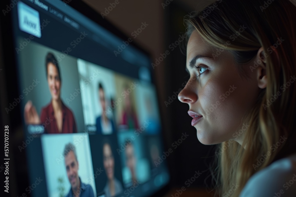 Poster capturing a person's reflection in a computer screen during an online video conference, illustrating