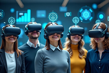 A Multicultural Group of Professionals Engaged in Virtual Reality with Digital Holograms