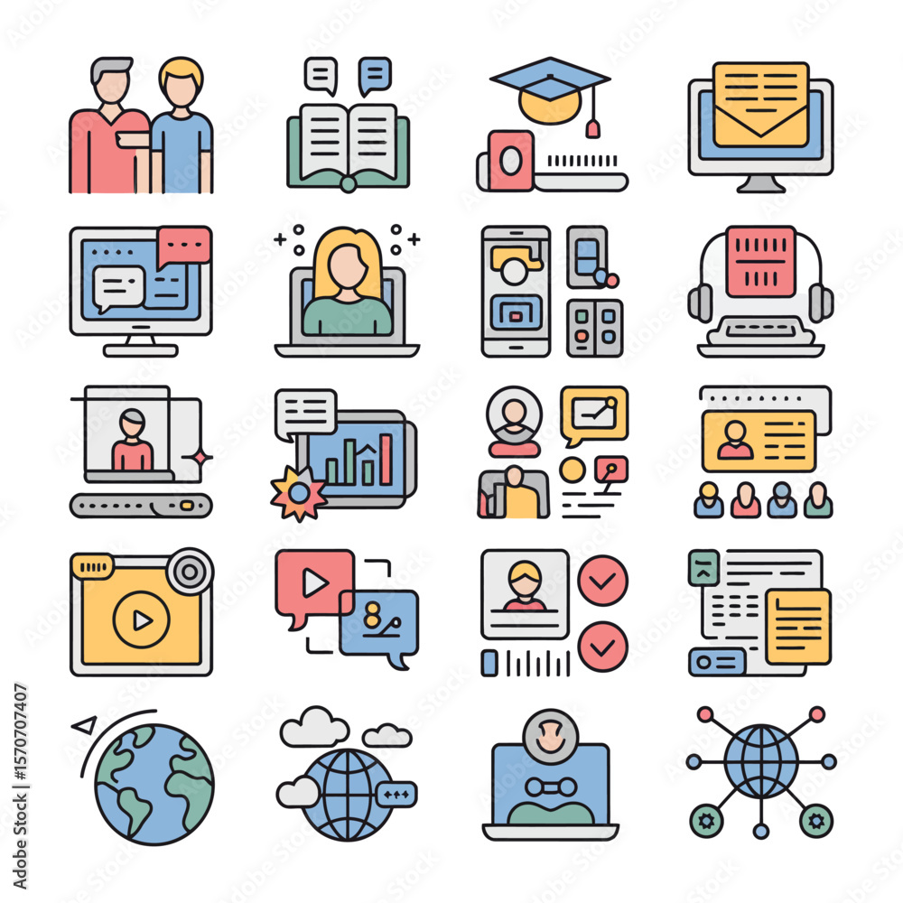 Poster collection of twenty five colorful line icons depicting online education elearning video conferencin