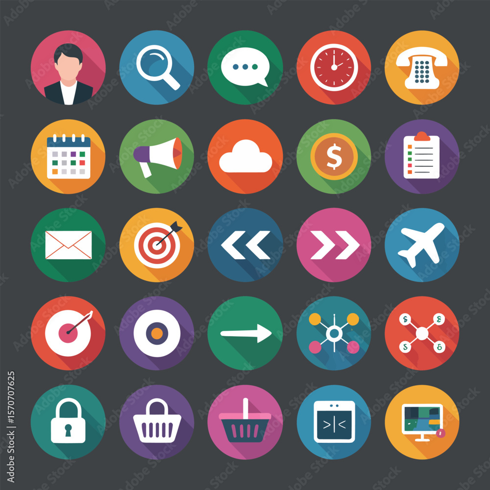 Poster collection of twenty five flat design circular icons depicting business communication technology and