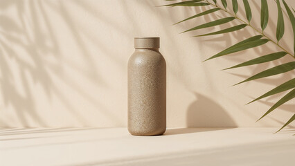 Textured beige bottle with green leaf shadow image