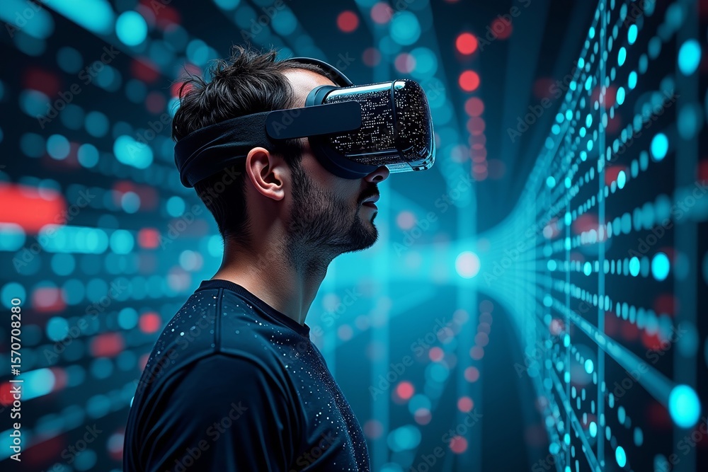 Aufkleber person wearing virtual reality headset surrounded by digital data streams and code, representing fus