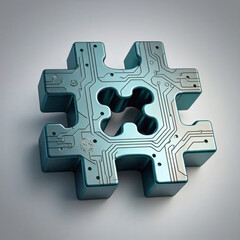 A metallic three dimensional hashtag symbol with circuit board patterns etched onto its surface suggesting a connection to technology or digital concepts
