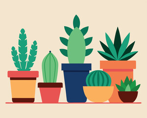Colorful vector illustration of several potted cactus and plant succulents in a flat design style.
