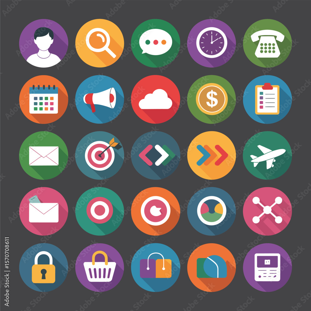 Poster collection of twenty five flat design icons depicting diverse business and communication concepts fe