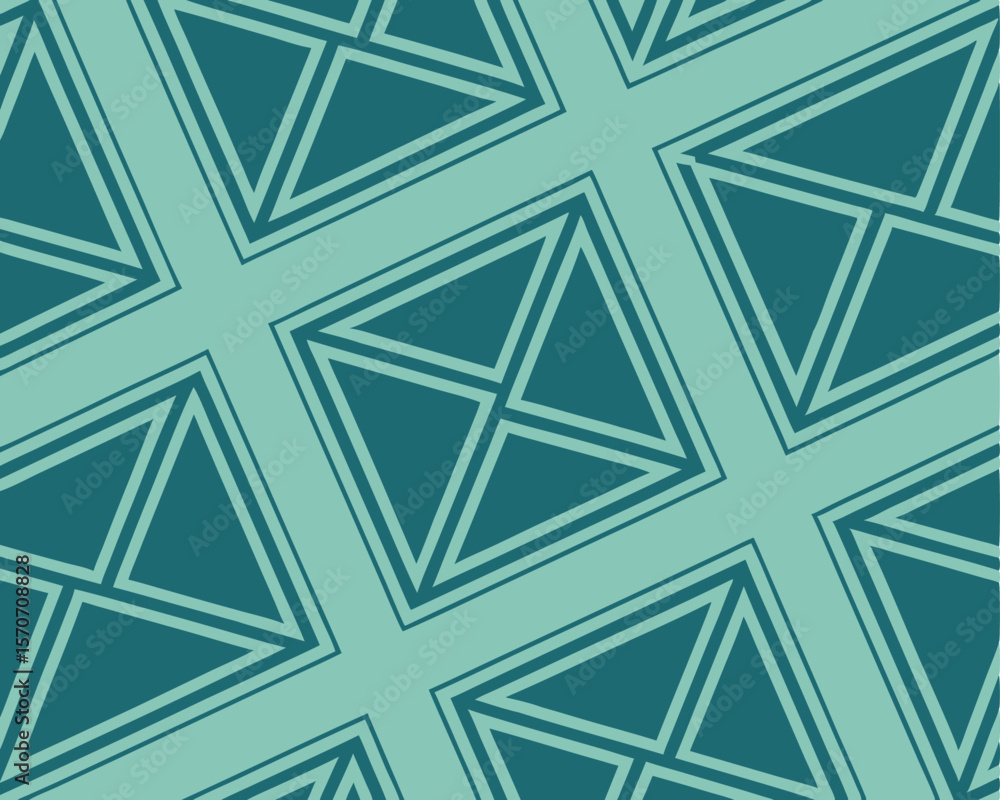 Poster geometric teal and turquoise seamless pattern with triangle shapes and symmetrical design.