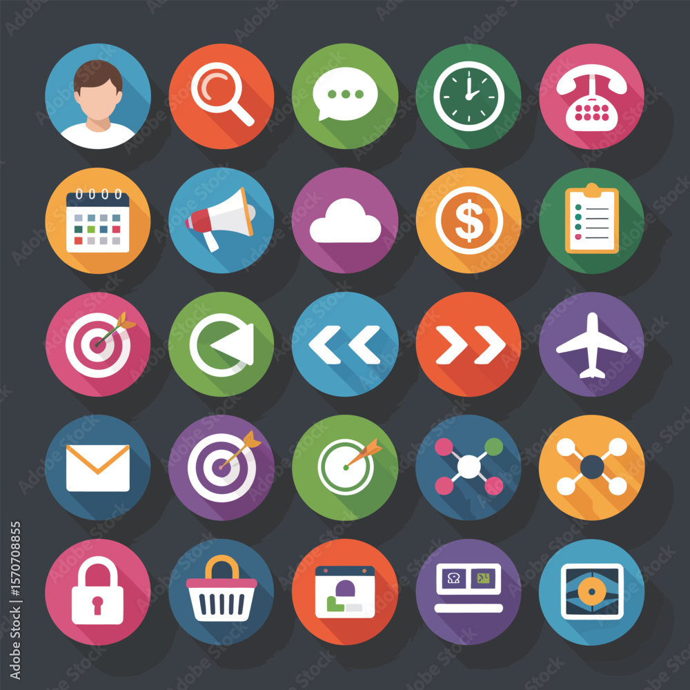 Poster collection of twenty five flat design icons depicting diverse business and communication concepts fe