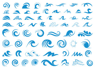Collection of blue wave symbols and icons representing ocean movement and water elements