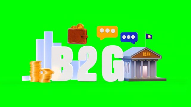 3D Animated Scene of Business to Government B2G Blocks With Coins, Wallet, Comment Chat Bubbles, Government Bank Building on Green Background.
