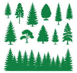 Obraz premium Collection of green vector illustrations featuring different types of trees and forest silhouettes