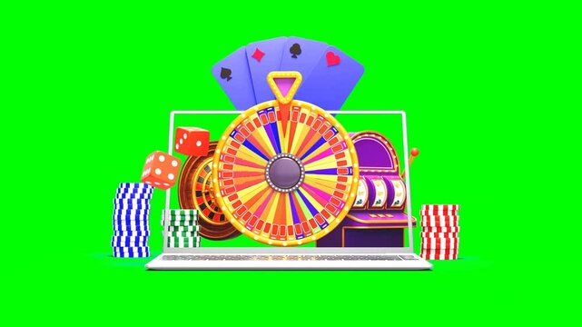3D Animated Scene of Casino Games With Spinning Wheel, Dice, Roulette Chips, Cards, Trm Slot Machines on and Around Laptop Display. Green Screen.