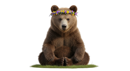 Brown bear wearing floral crown sitting peacefully isolated on a transparent background