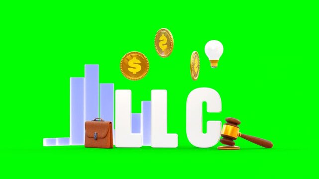 3D Animated Scene of Limited Liability Company LLC Letters With Legal Documents, Dollars, Bulb, Office Bag, Gavel, Monetary Symbols, and Judicial Hammer on Green Background.