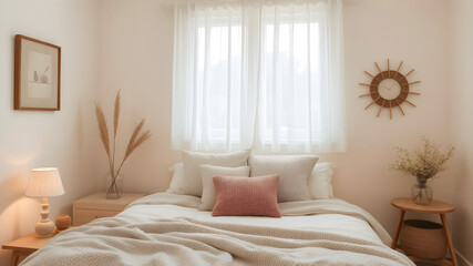 Naklejka premium Cozy bedroom with soft textured bedding and warm lighting ambiance