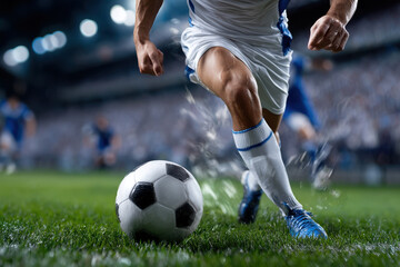 Exciting soccer match featuring intense action on a rainy night
