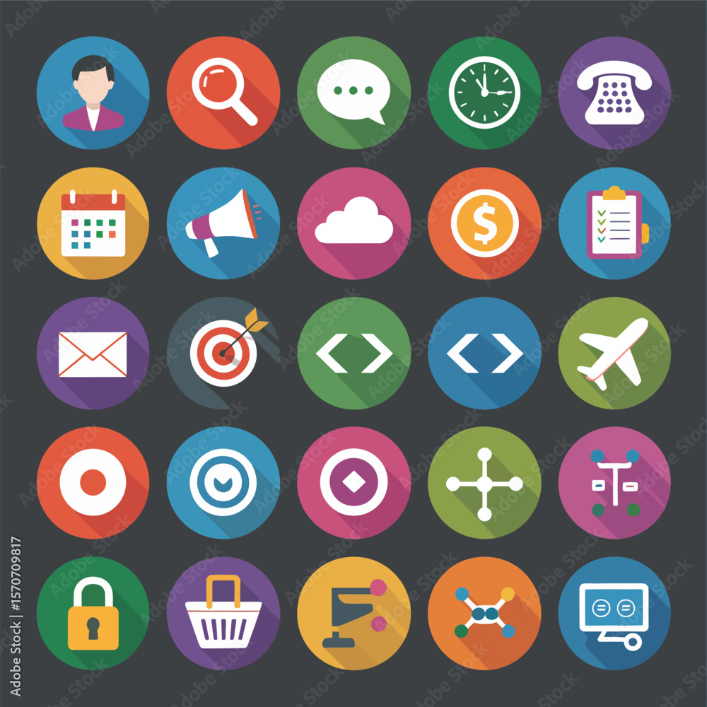 Poster collection of twenty five flat design icons depicting diverse concepts including communication techn