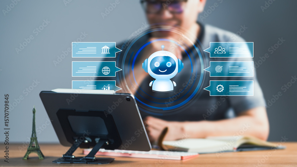 Poster man interacting with ai chatbot for business and technology solutions