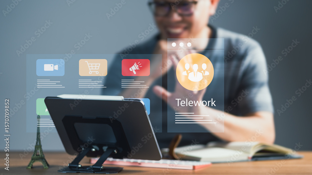 Aufkleber man using tablet for telework with digital interface and icons