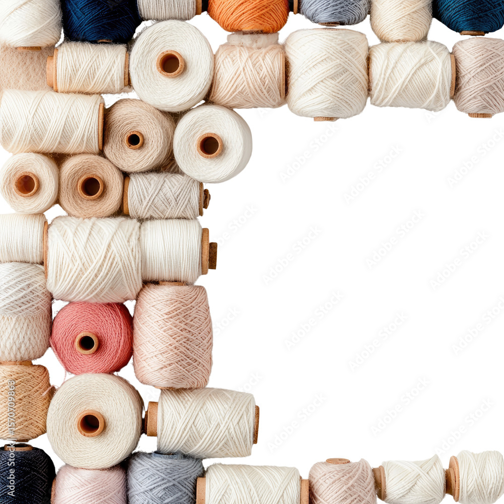 Poster colorful thread spools arranged in stylish pattern for crafting