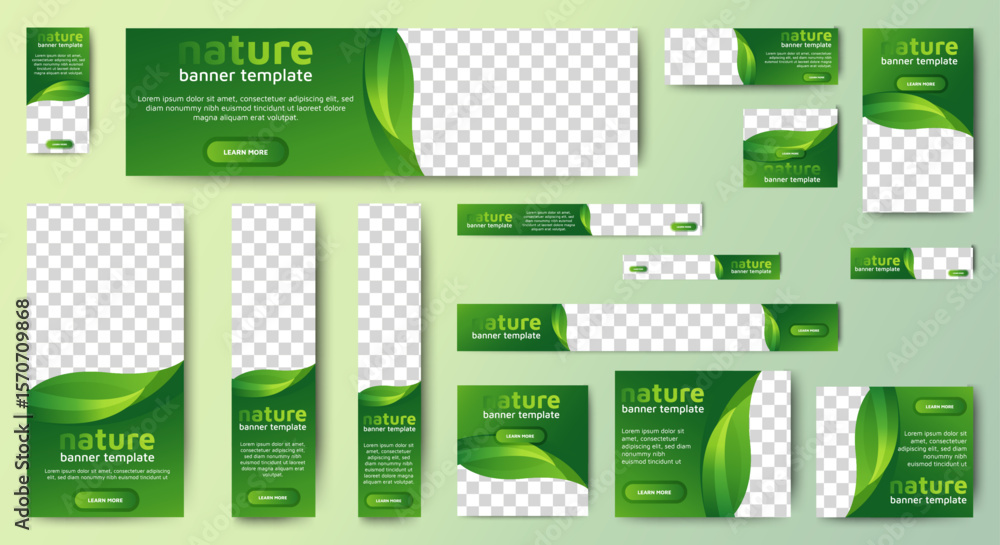 Poster nature banner design web template set, horizontal header web banner. modern gradient green cover hea