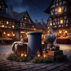 A charming cobblestone village square at night illuminated by warm lights emanating from windows and various lanterns with timber framed buildings under a starry sky