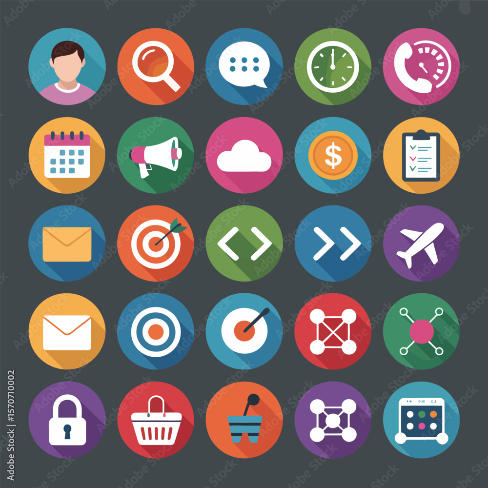 Poster collection of twenty five flat design icons featuring diverse colorful symbols representing communic