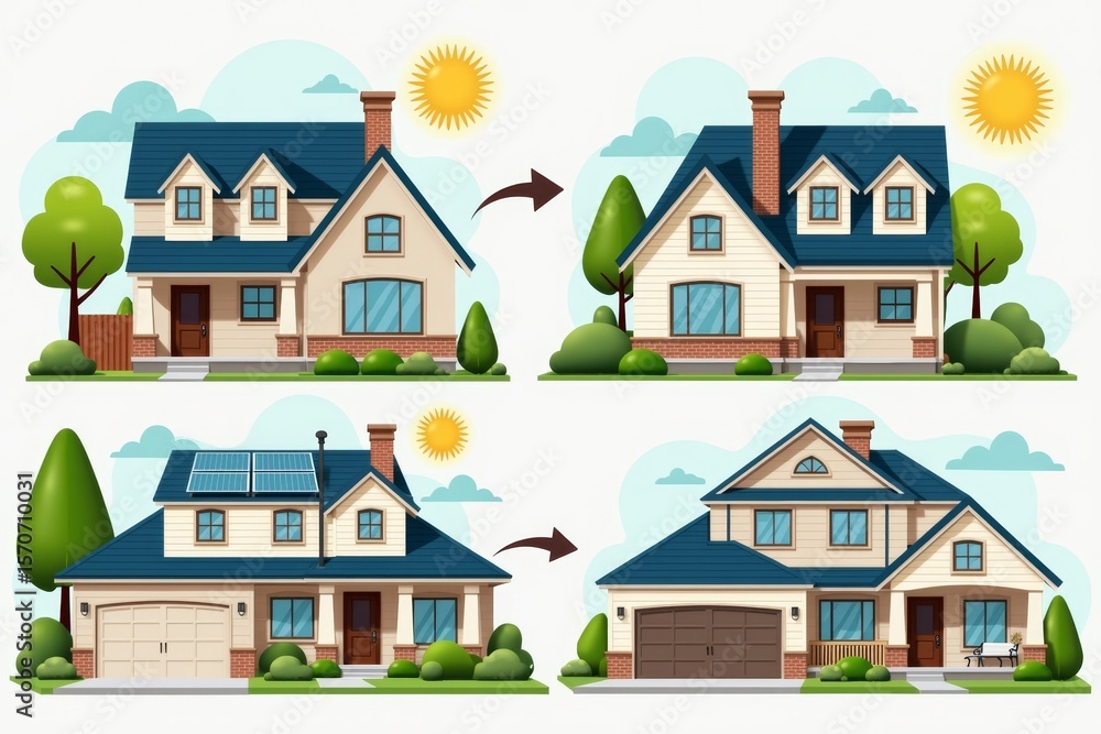 Poster visualizing the financial benefits of transforming a regular house into an energy-efficient home: a 
