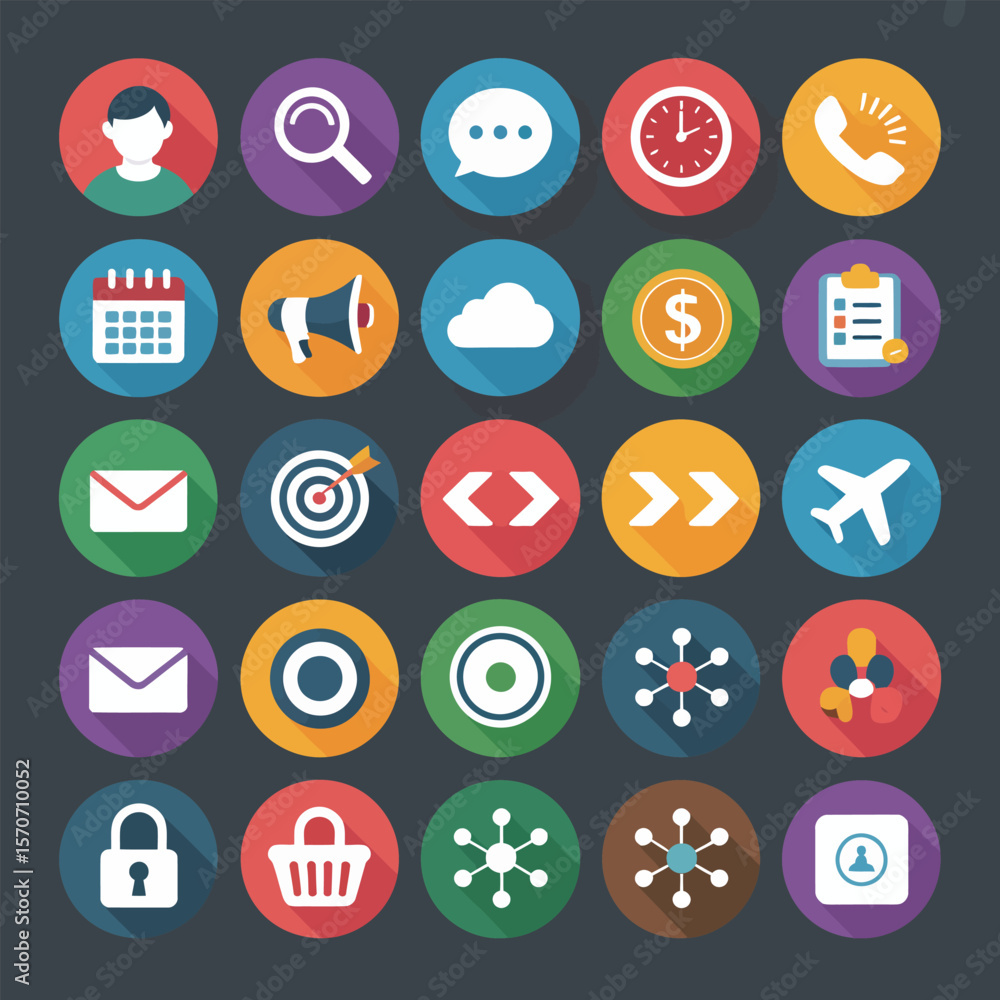Poster collection of twenty five flat design icons depicting diverse concepts including communication user 