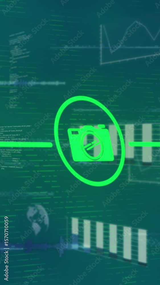 Poster animation of connected register blue padlock icons and data processing on blue background