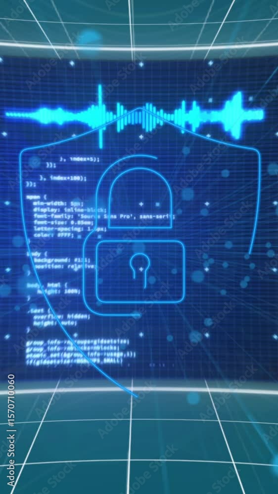 Poster animation of padlock over charts and data processing