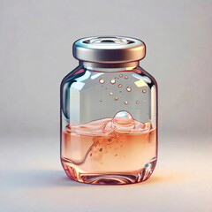 A clear glass vial with a metallic cap containing a pinkish orange liquid with some bubbles and a larger droplet floating within