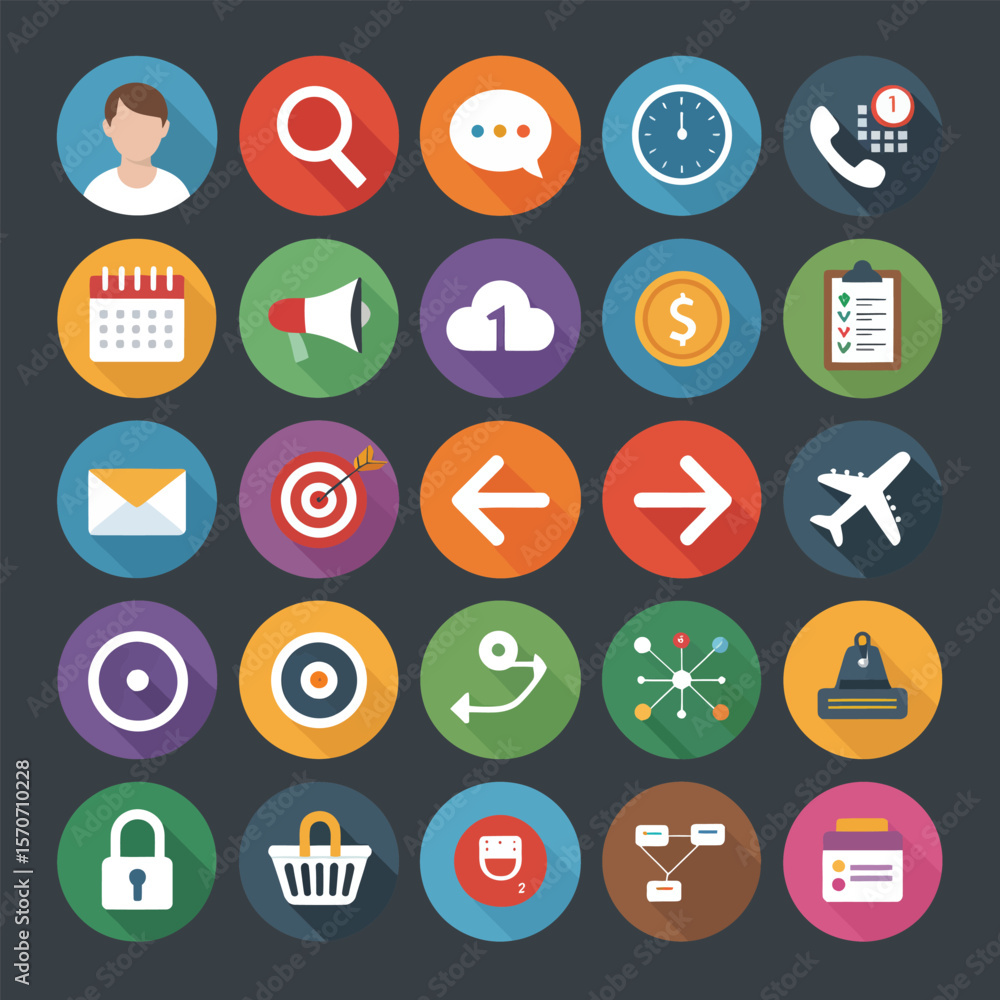 Poster collection of twenty five flat design icons featuring diverse symbols representing communication tec