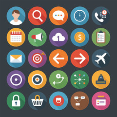 Fototapeta premium Collection of Twenty Five Flat Design Icons Featuring Diverse Symbols Representing Communication Technology Business and More in Vibrant Colors on Dark Background