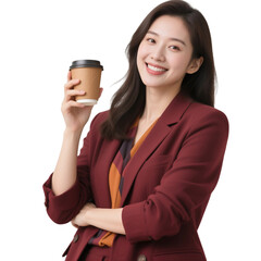 Portrait of smiling woman in blazer holding coffee cup on transparent background , no background