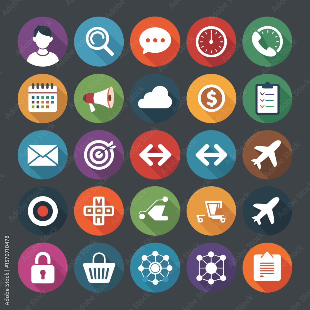 Poster collection of twenty five flat design icons featuring diverse symbols representing communication tec