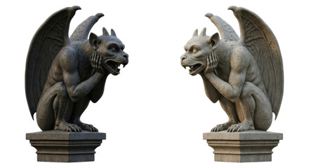 Stone Gargoyle Statues Facing Each Other isolated on a transparent background sculpture