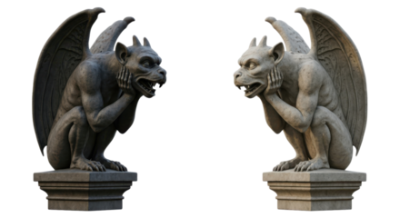 Stone Gargoyle Statues Facing Each Other isolated on a transparent background sculpture