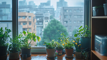 View from a plant-cluttered desk out a window into a rainy city