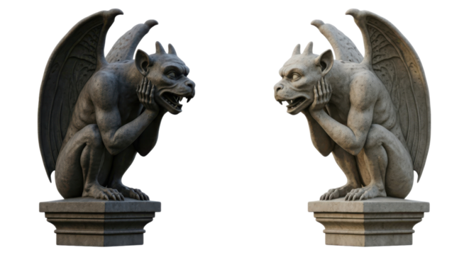 Stone Gargoyle Statues Facing Each Other isolated on a transparent background sculpture