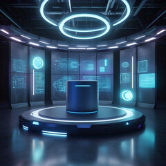 A futuristic dark room with a central glowing circular platform and a cylindrical object surrounded by wall mounted screens displaying glowing blue schematics and data
