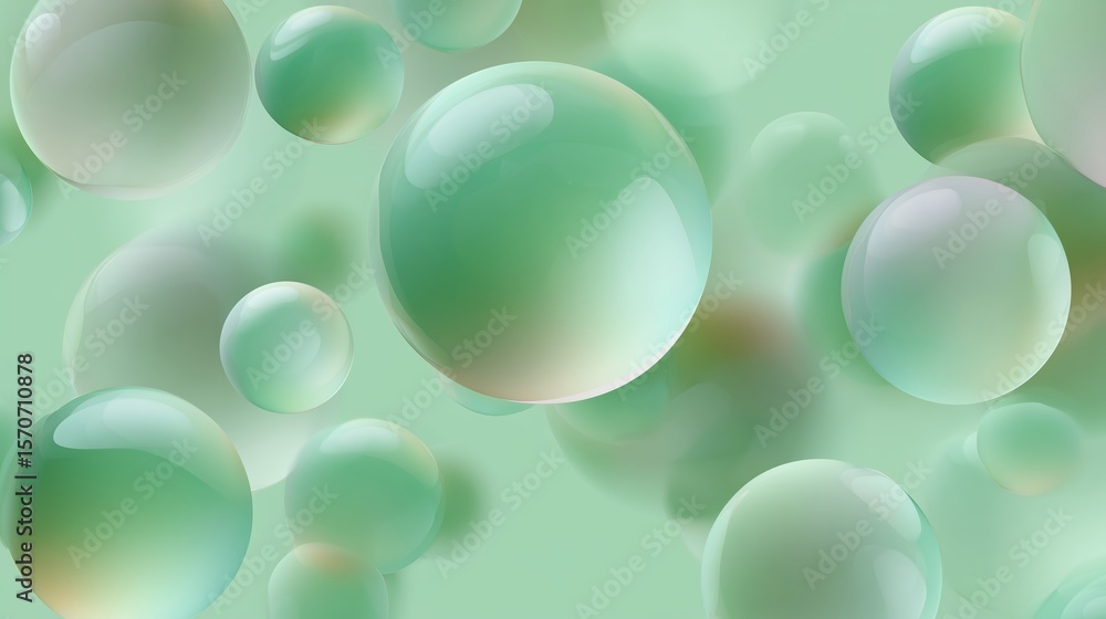 Poster colorful translucent bubbles floating against a soft green background create a calming and serene at