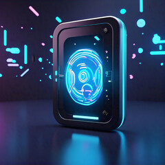 A futuristic dark toned rectangular device with a glowing blue and pink circular interface at its center surrounded by scattered neon light accents against a dark background