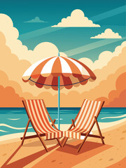 Relaxing Beach Scene with Striped Deck Chairs and Umbrella under a Sunny Sky